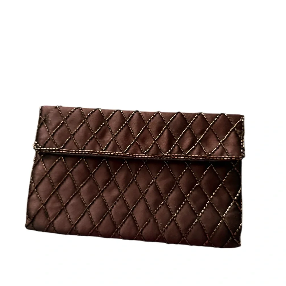 Rare Vintage 1950’s Milgrim Beaded Brown Quilted Clutch (8in X 5in)